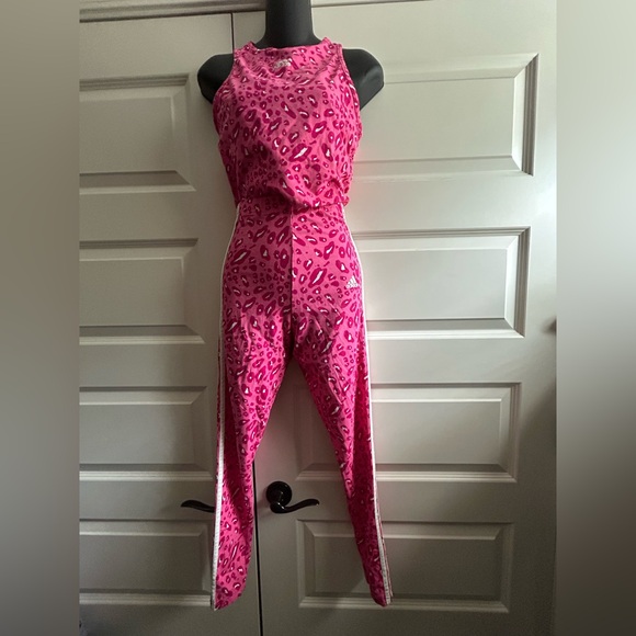 adidas Pink Leopard Print Sport top and leggings - Picture 1 of 3